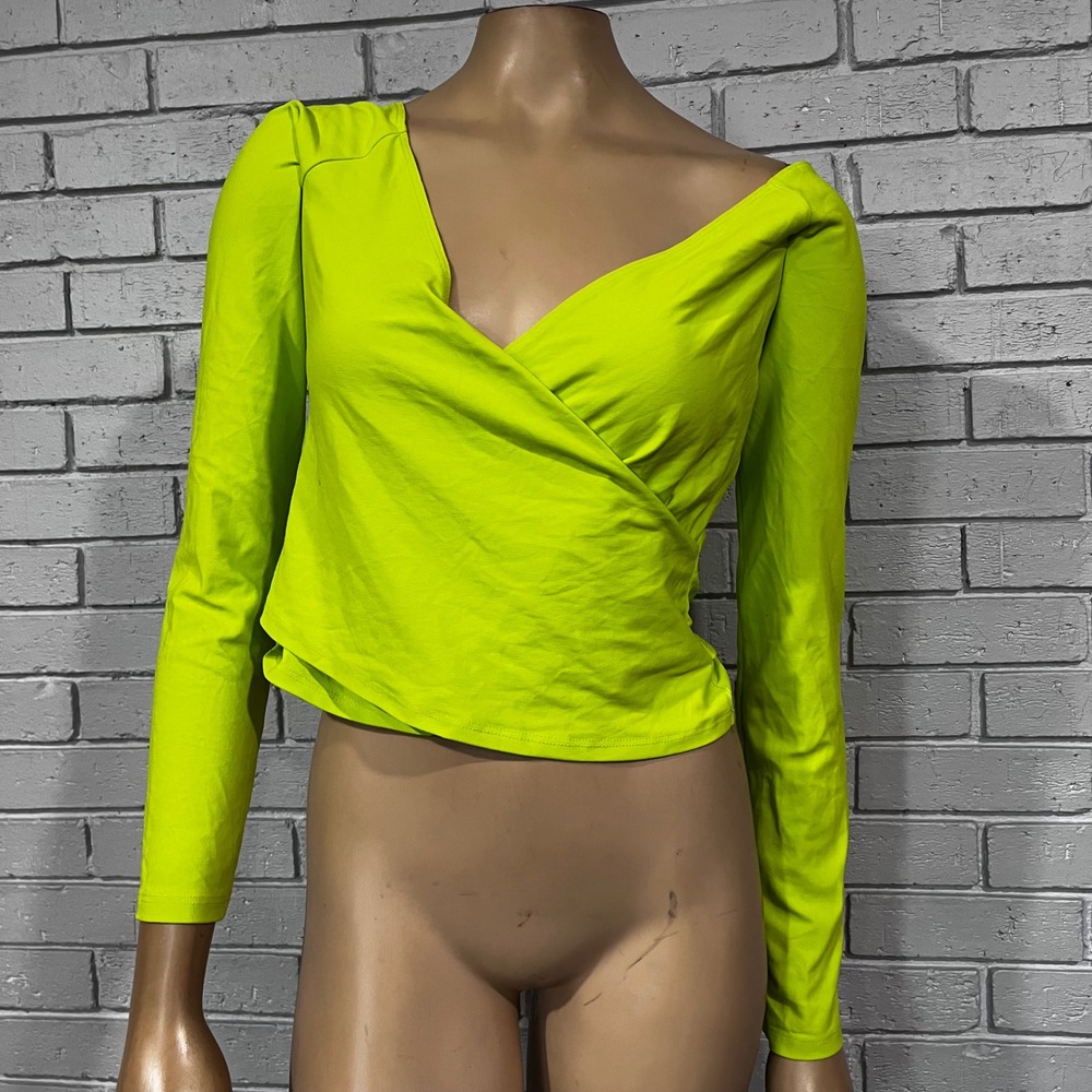 Carbon38 Long Sleeve Wrap Top Melt Neon Yellow Cropped Athletic XL